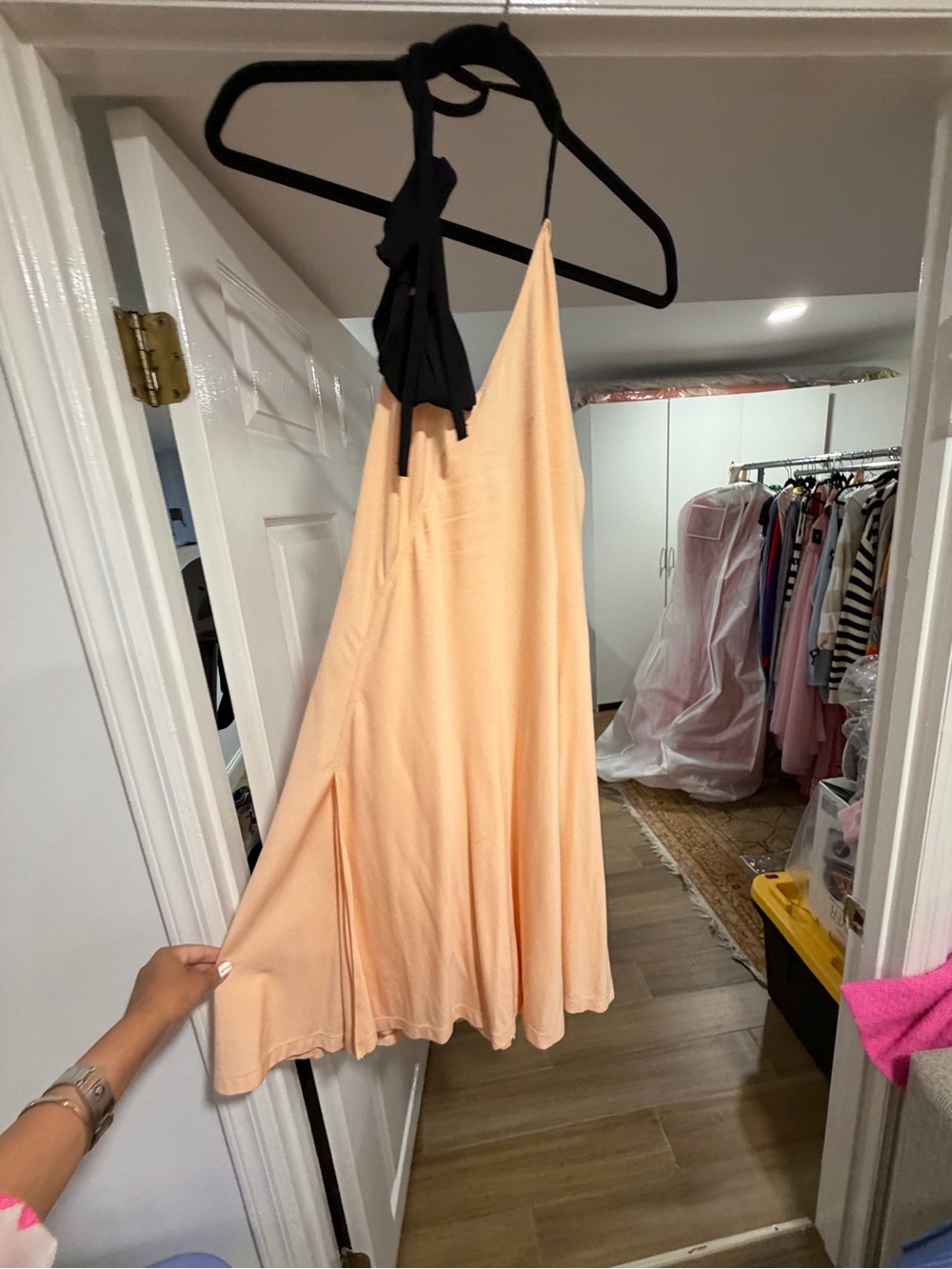 Moschino Peach One-Shoulder Dress with Black Tie